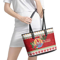 French Polynesia Christmas Leather Tote Bag Coat Of Arms Merry Xmas LT05 - Polynesian Pride