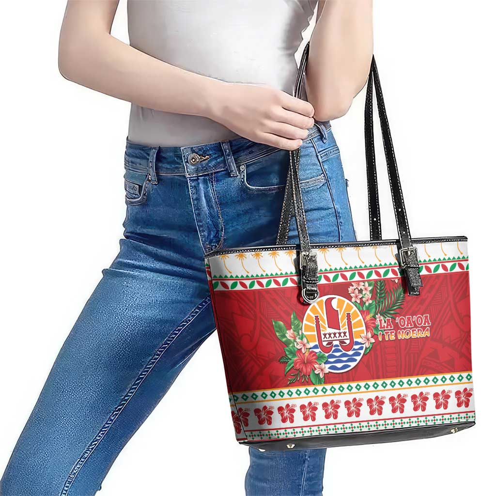 French Polynesia Christmas Leather Tote Bag Coat Of Arms Merry Xmas LT05 - Polynesian Pride