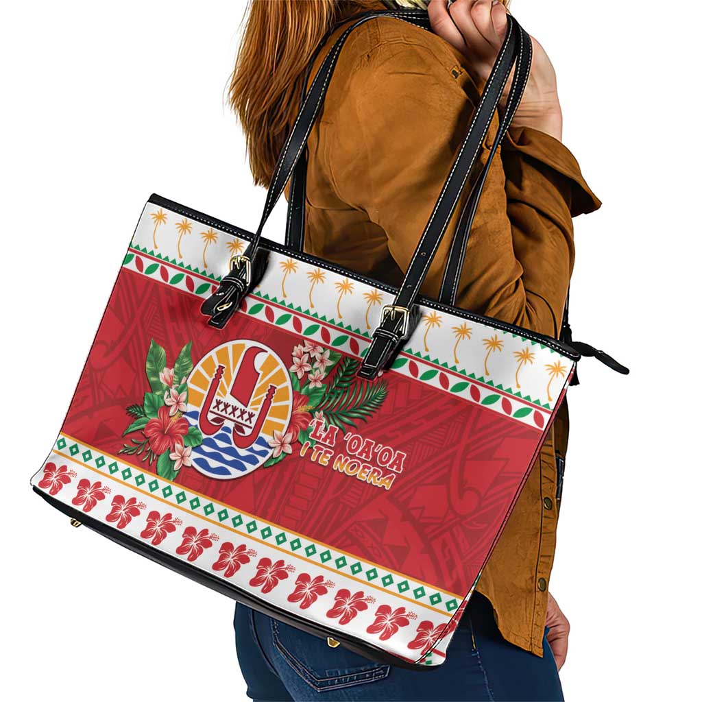 French Polynesia Christmas Leather Tote Bag Coat Of Arms Merry Xmas LT05 - Polynesian Pride