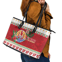 French Polynesia Christmas Leather Tote Bag Coat Of Arms Merry Xmas LT05 - Polynesian Pride