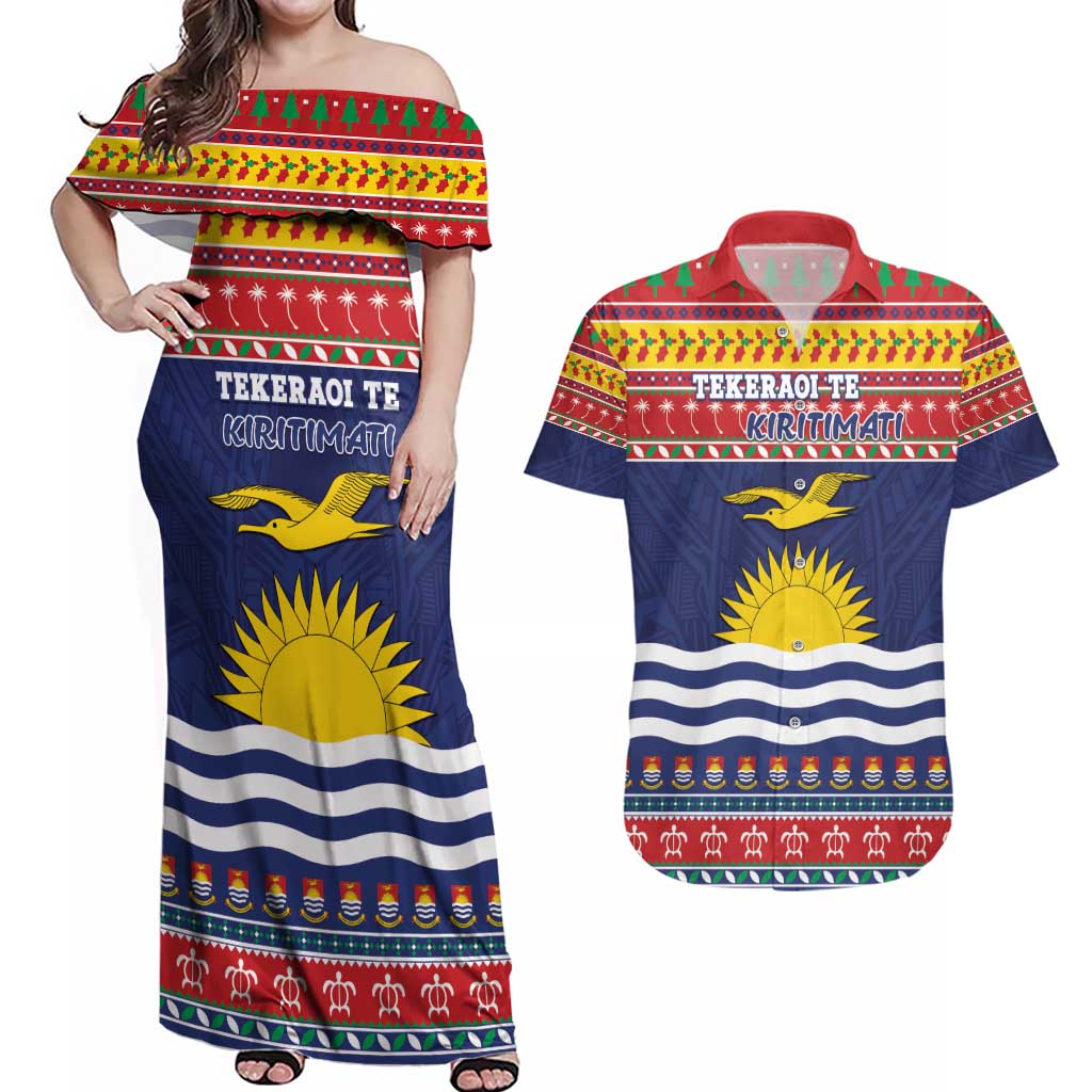 Kiribati Christmas Couples Matching Off Shoulder Maxi Dress and Hawaiian Shirt Coat Of Arms Tekeraoi Te Kiritimati