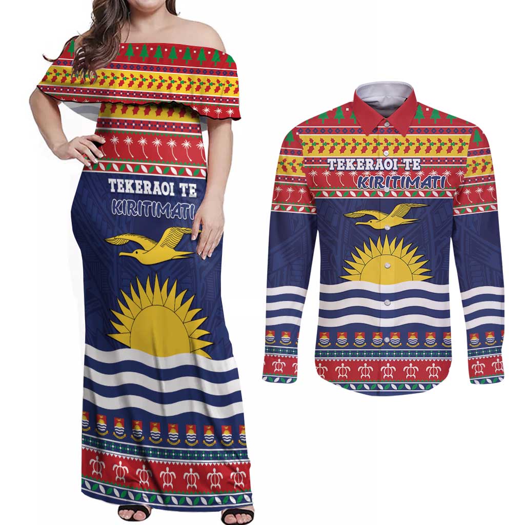 Kiribati Christmas Couples Matching Off Shoulder Maxi Dress and Long Sleeve Button Shirt Coat Of Arms Tekeraoi Te Kiritimati