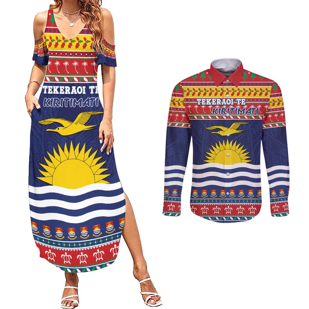 Kiribati Christmas Couples Matching Summer Maxi Dress and Long Sleeve Button Shirt Coat Of Arms Tekeraoi Te Kiritimati