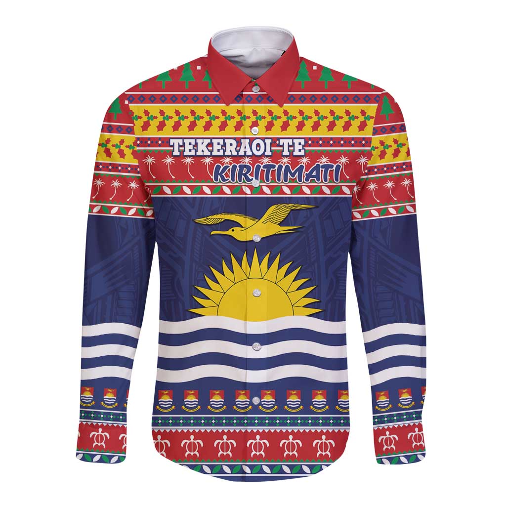 Kiribati Christmas Long Sleeve Button Shirt Coat Of Arms Tekeraoi Te Kiritimati