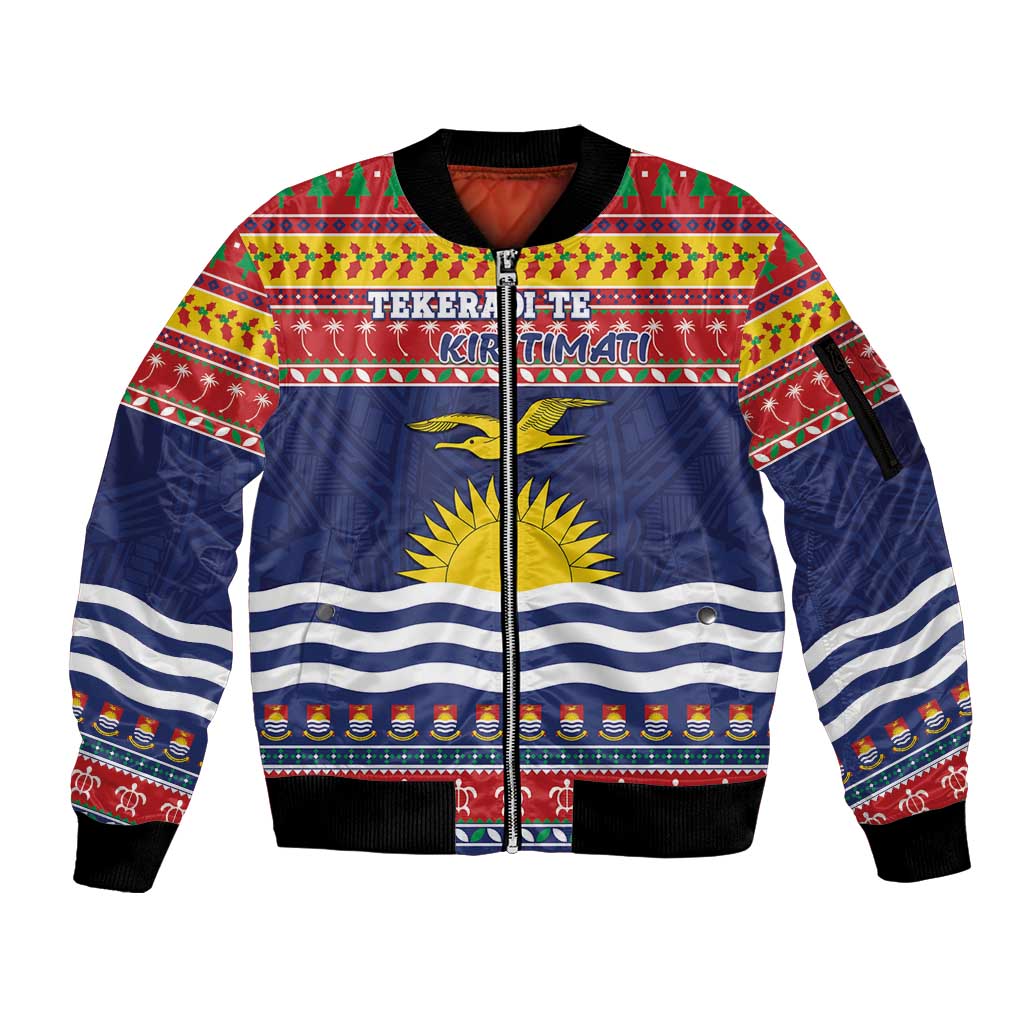 Kiribati Christmas Sleeve Zip Bomber Jacket Coat Of Arms Tekeraoi Te Kiritimati