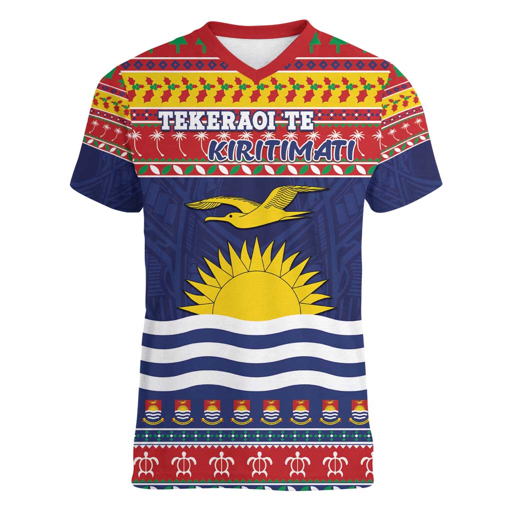 Kiribati Christmas Women V-Neck T-Shirt Coat Of Arms Tekeraoi Te Kiritimati