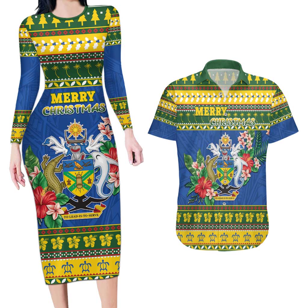 Solomon Islands Christmas Couples Matching Long Sleeve Bodycon Dress and Hawaiian Shirt Coat Of Arms Merry Xmas