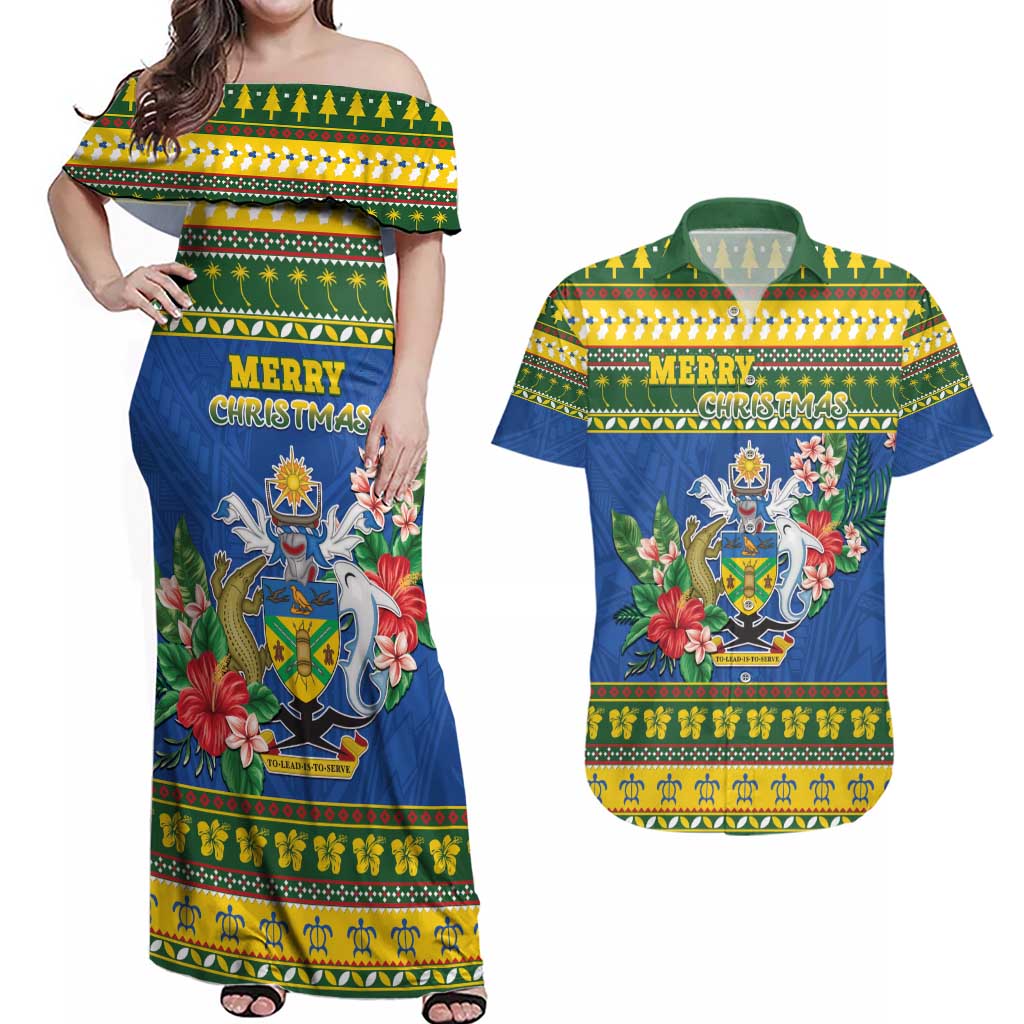 Solomon Islands Christmas Couples Matching Off Shoulder Maxi Dress and Hawaiian Shirt Coat Of Arms Merry Xmas