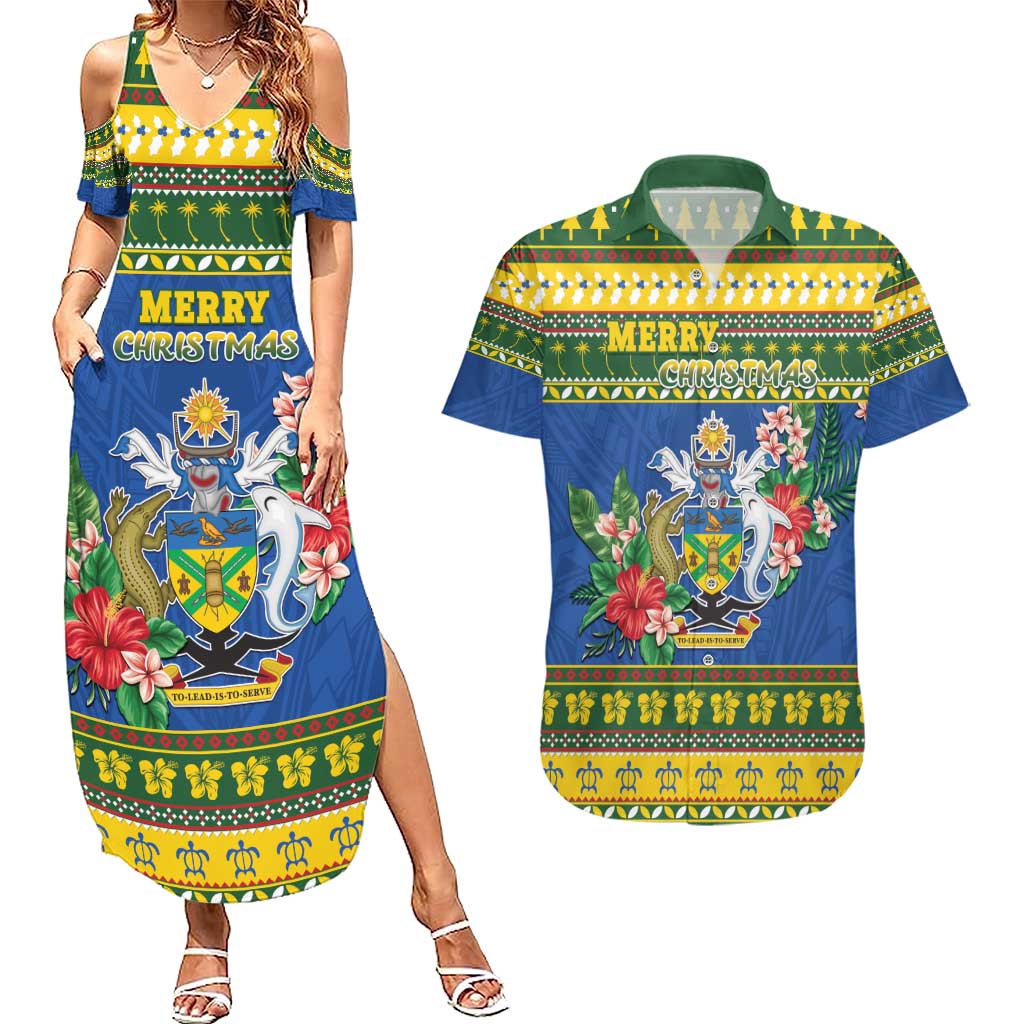 Solomon Islands Christmas Couples Matching Summer Maxi Dress and Hawaiian Shirt Coat Of Arms Merry Xmas