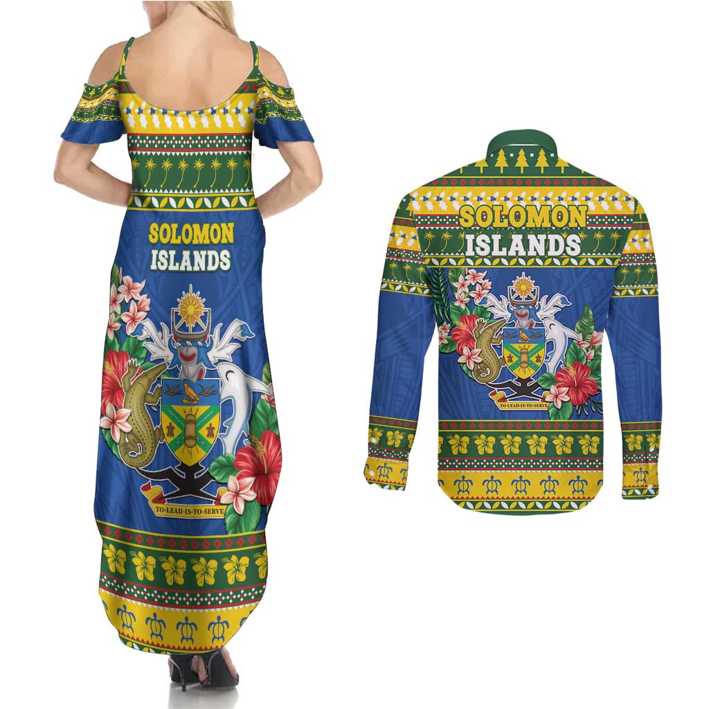 Solomon Islands Christmas Couples Matching Summer Maxi Dress and Long Sleeve Button Shirt Coat Of Arms Merry Xmas