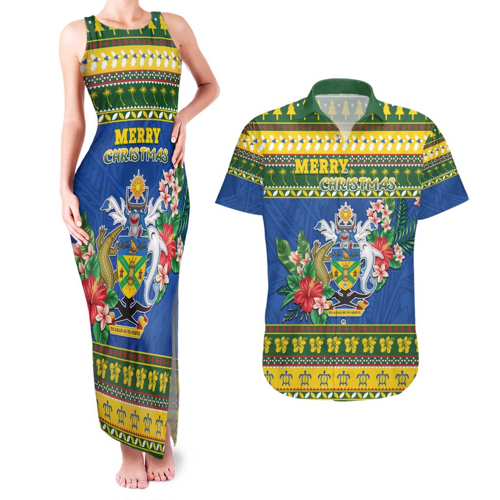 Solomon Islands Christmas Couples Matching Tank Maxi Dress and Hawaiian Shirt Coat Of Arms Merry Xmas