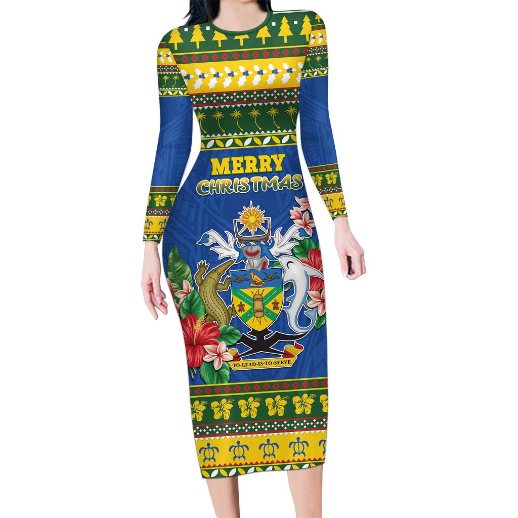 Solomon Islands Christmas Long Sleeve Bodycon Dress Coat Of Arms Merry Xmas