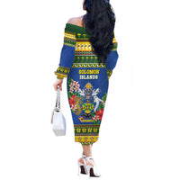 Solomon Islands Christmas Off The Shoulder Long Sleeve Dress Coat Of Arms Merry Xmas