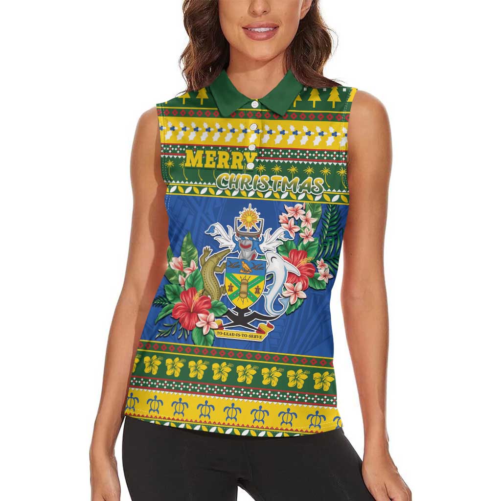 Solomon Islands Christmas Women Sleeveless Polo Shirt Coat Of Arms Merry Xmas