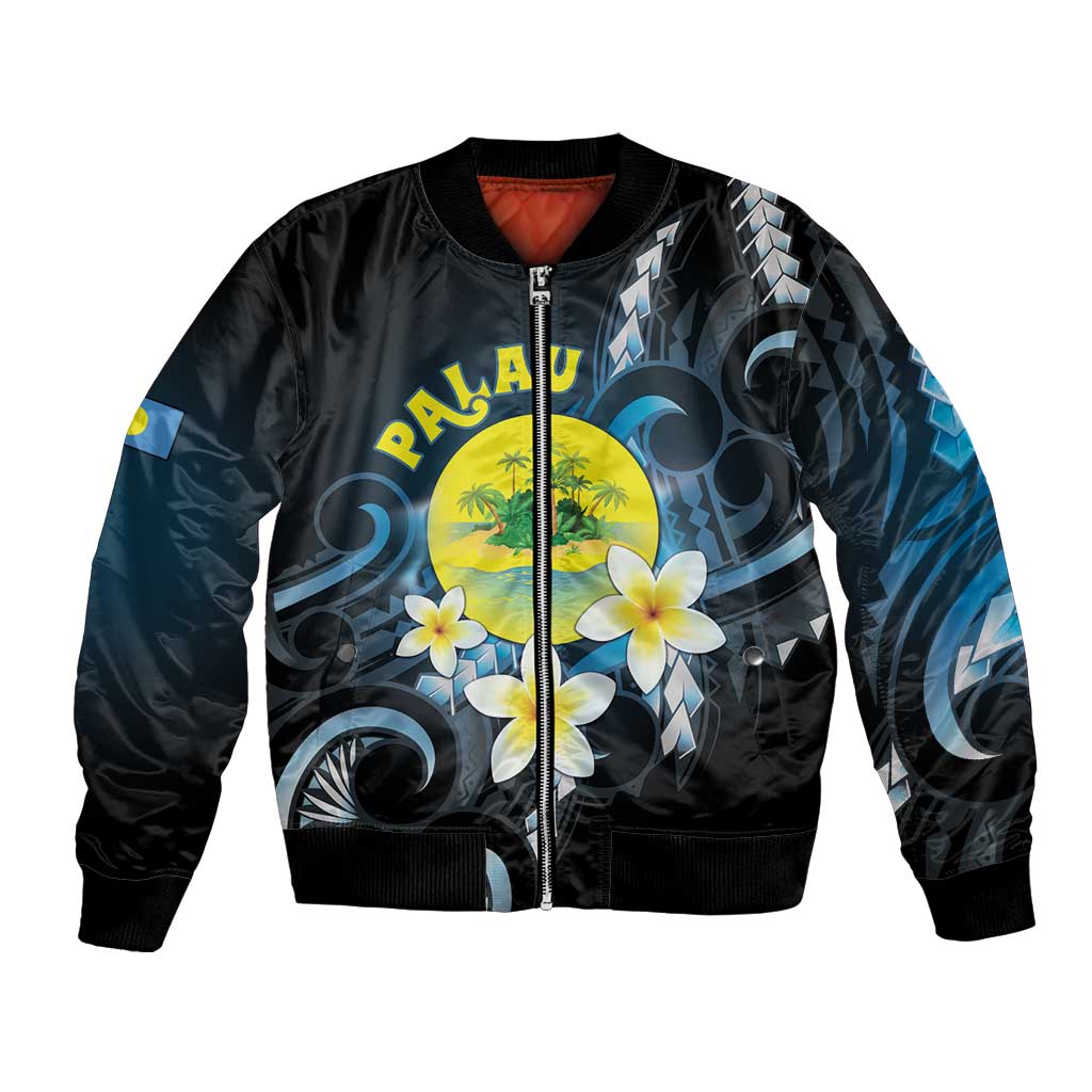 Palau United Nations Day Bomber Jacket Polynesian Curves Plumeria - Polynesian Pride