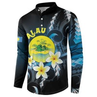 Palau United Nations Day Button Sweatshirt Polynesian Curves Plumeria - Polynesian Pride
