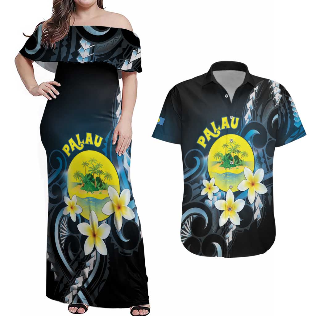 Palau United Nations Day Couples Matching Off Shoulder Maxi Dress and Hawaiian Shirt Polynesian Curves Plumeria - Polynesian Pride
