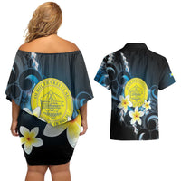 Palau United Nations Day Couples Matching Off Shoulder Short Dress and Hawaiian Shirt Polynesian Curves Plumeria - Polynesian Pride