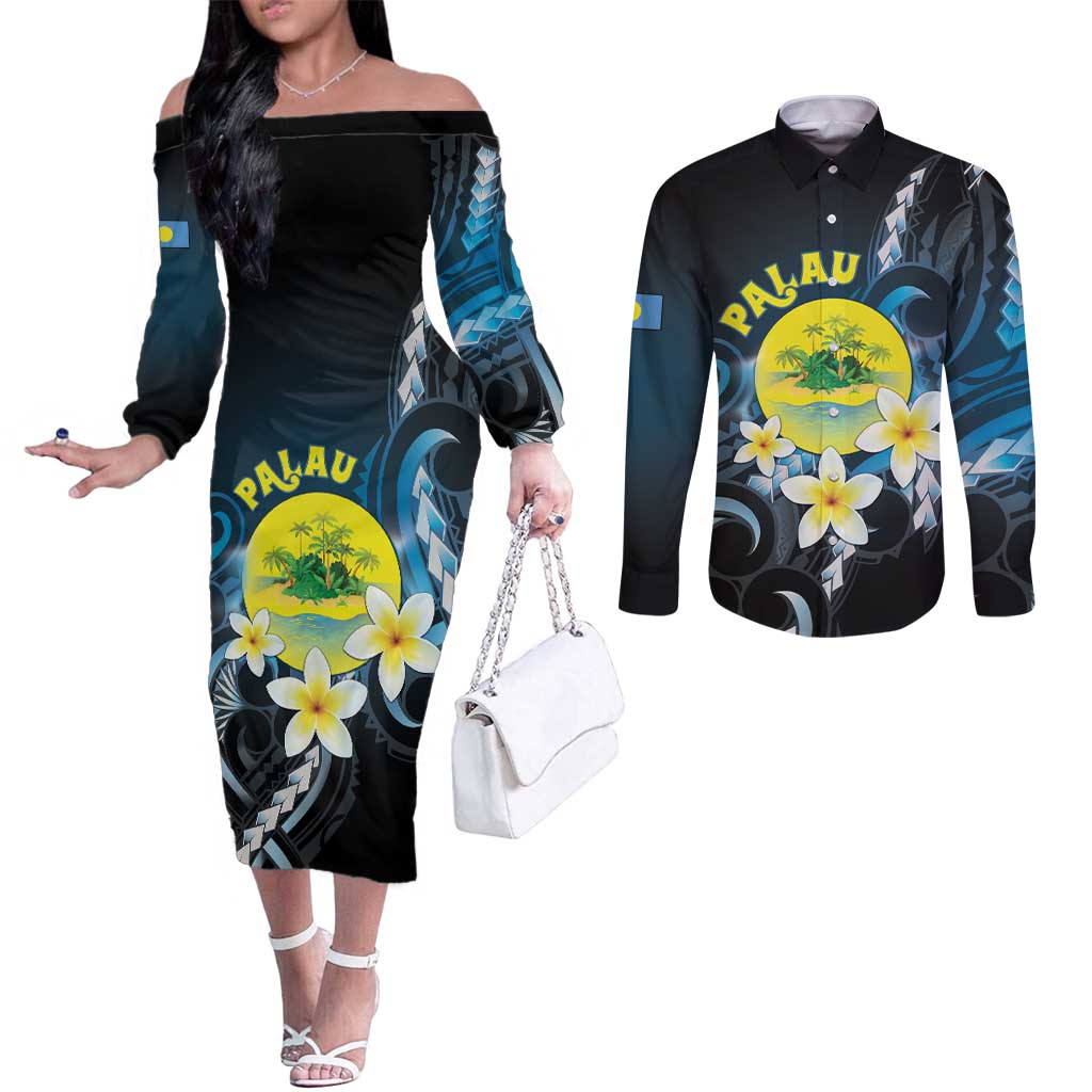 Palau United Nations Day Couples Matching Off The Shoulder Long Sleeve Dress and Long Sleeve Button Shirt Polynesian Curves Plumeria - Polynesian Pride