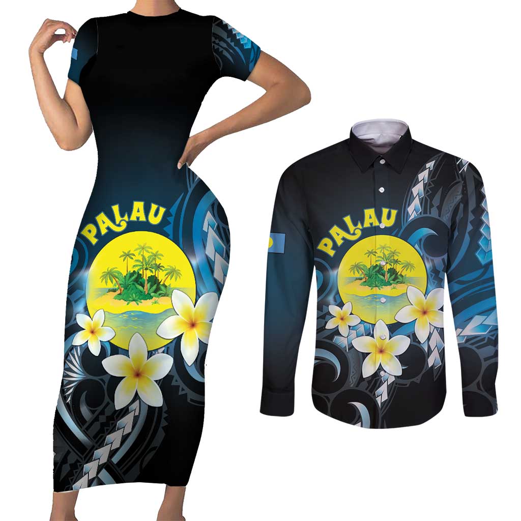 Palau United Nations Day Couples Matching Short Sleeve Bodycon Dress and Long Sleeve Button Shirt Polynesian Curves Plumeria - Polynesian Pride