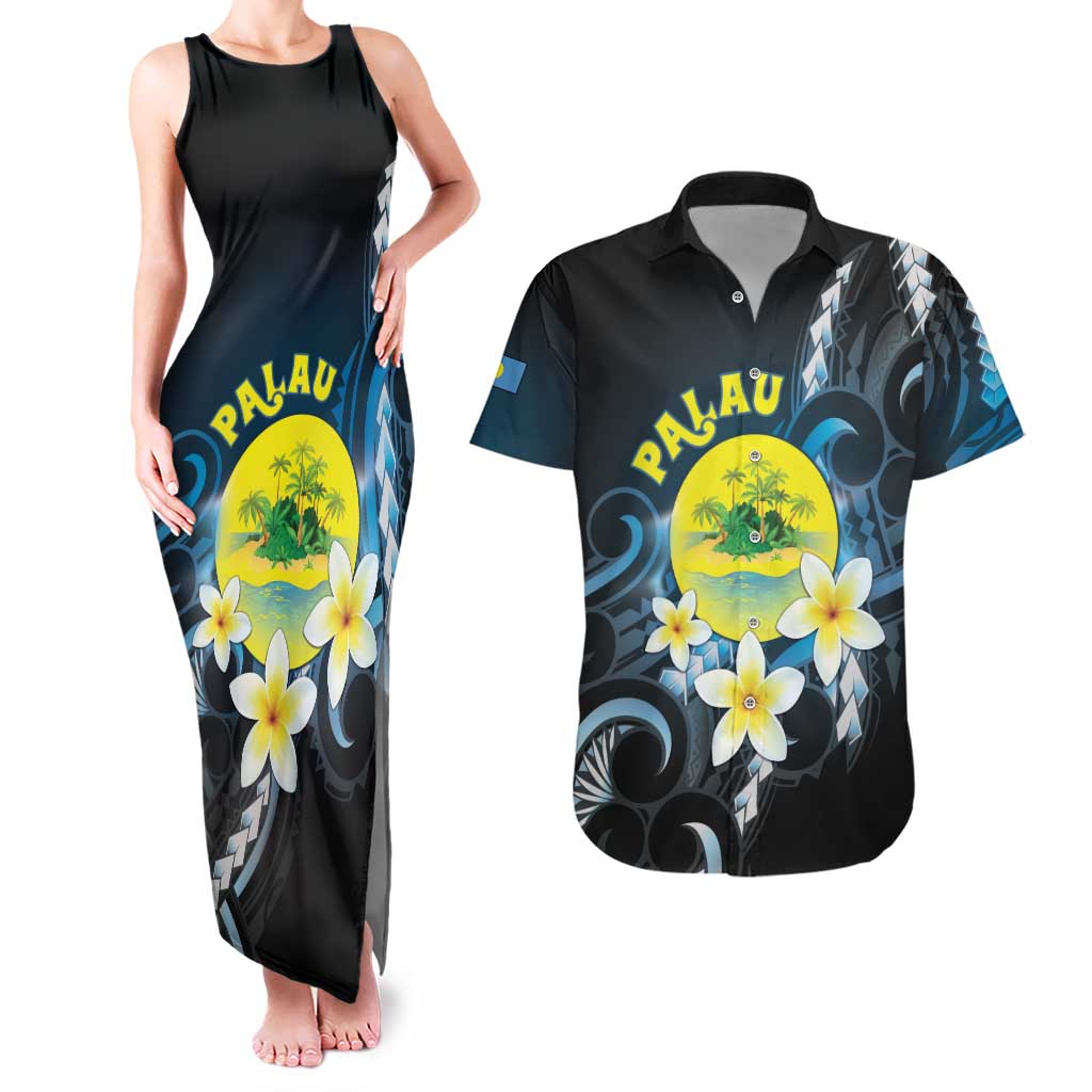 Palau United Nations Day Couples Matching Tank Maxi Dress and Hawaiian Shirt Polynesian Curves Plumeria - Polynesian Pride