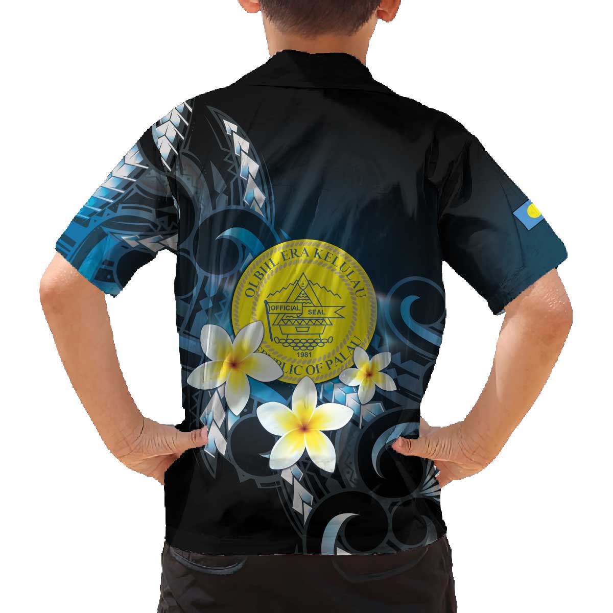 Palau United Nations Day Family Matching Off The Shoulder Long Sleeve Dress and Hawaiian Shirt Polynesian Curves Plumeria - Polynesian Pride