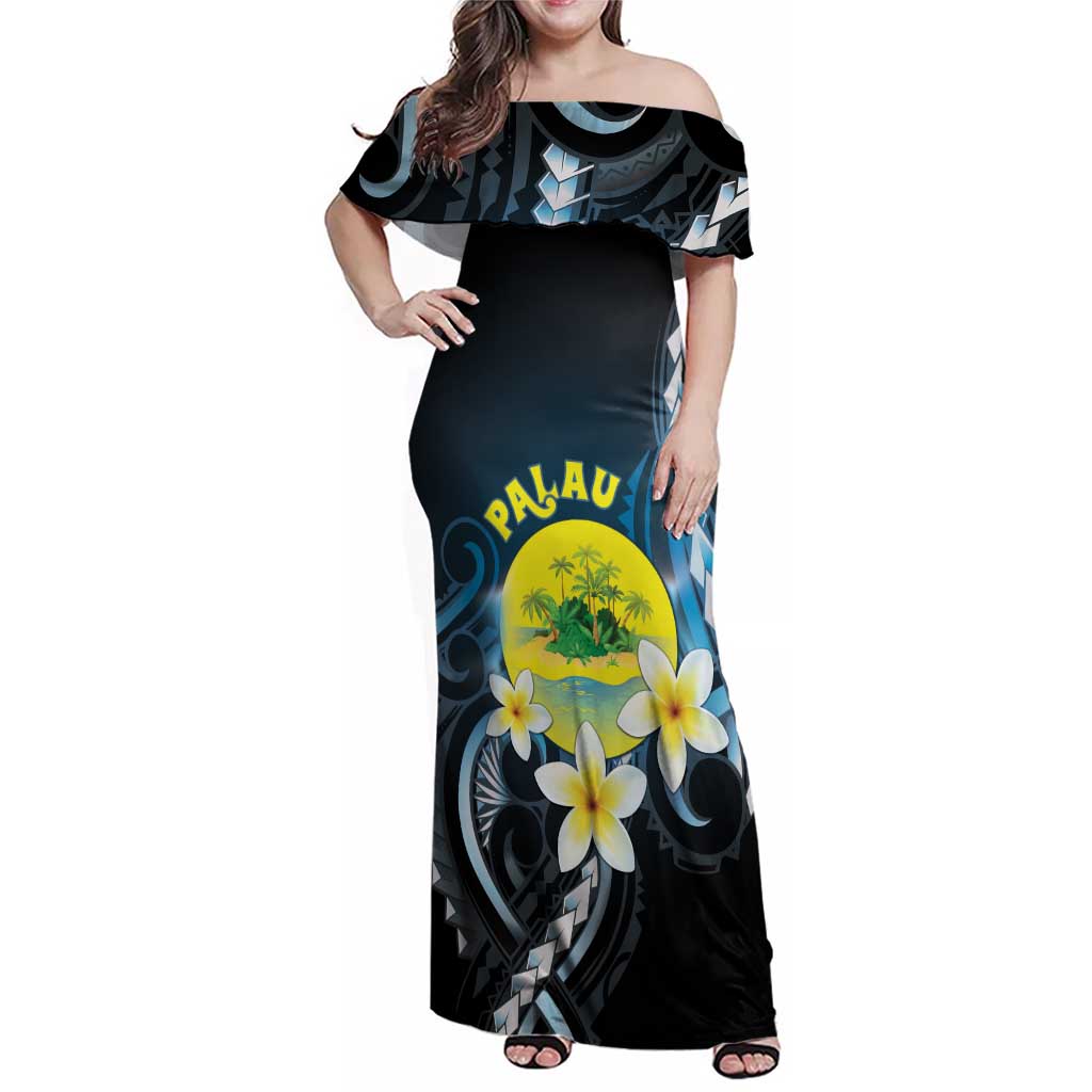 Palau United Nations Day Family Matching Off Shoulder Maxi Dress and Hawaiian Shirt Polynesian Curves Plumeria - Polynesian Pride
