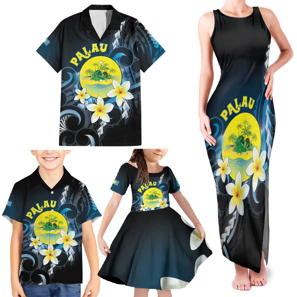 Palau United Nations Day Family Matching Tank Maxi Dress and Hawaiian Shirt Polynesian Curves Plumeria - Polynesian Pride