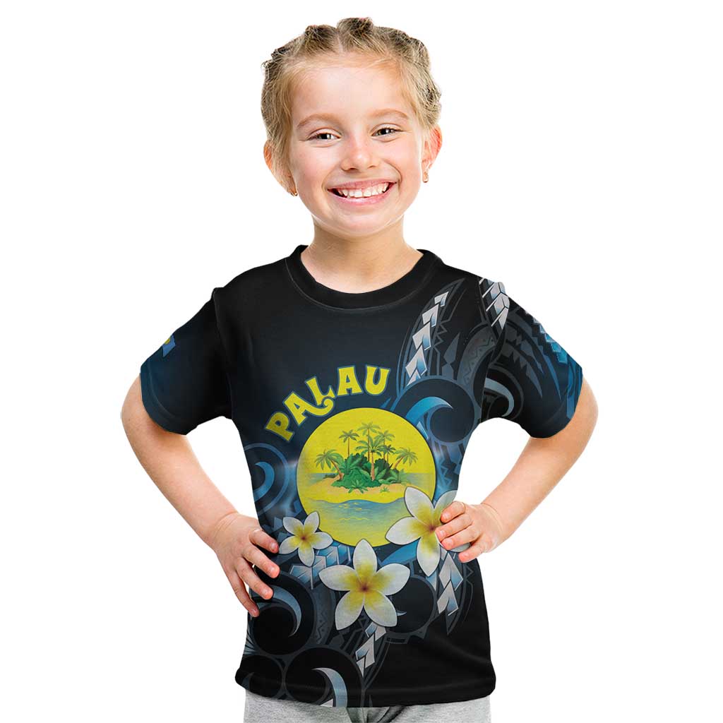 Palau United Nations Day Kid T Shirt Polynesian Curves Plumeria - Polynesian Pride