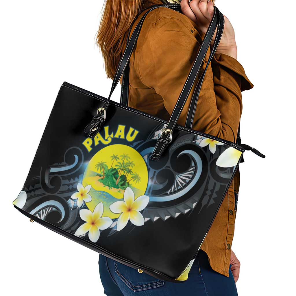 Palau United Nations Day Leather Tote Bag Polynesian Curves Plumeria - Polynesian Pride