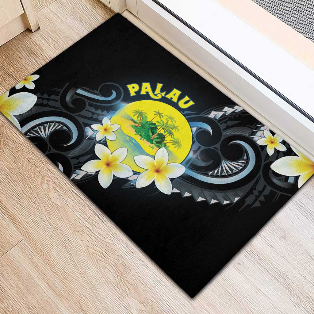 Palau United Nations Day Rubber Doormat Polynesian Curves Plumeria - Polynesian Pride