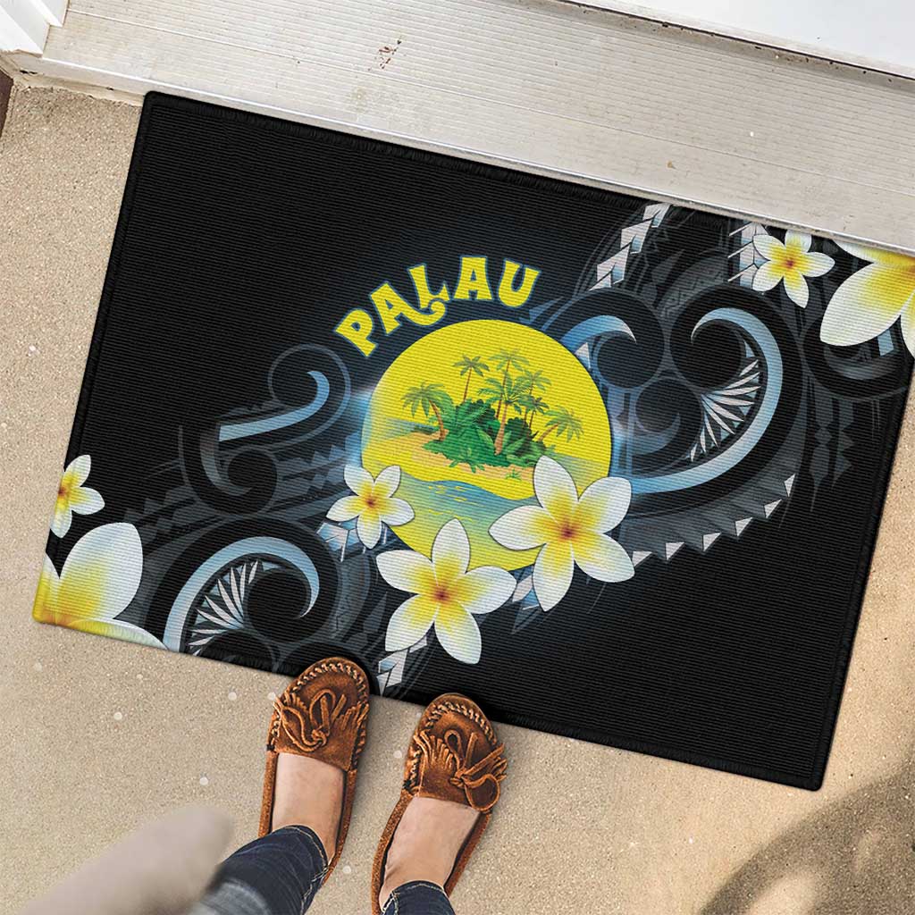 Palau United Nations Day Rubber Doormat Polynesian Curves Plumeria - Polynesian Pride