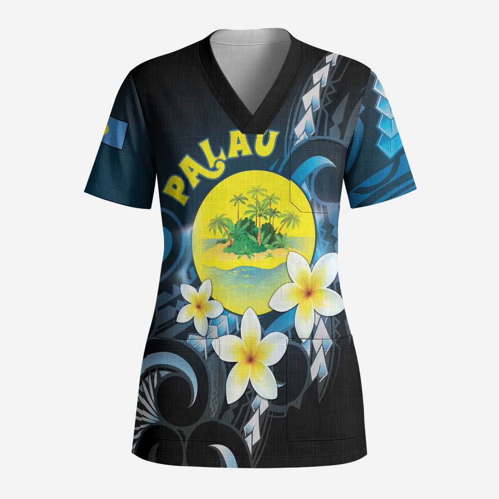 Palau United Nations Day Scrub Top Polynesian Curves Plumeria - Polynesian Pride