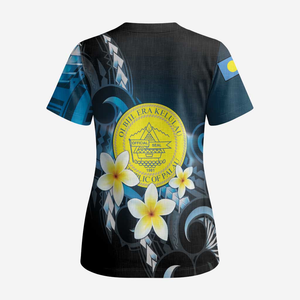 Palau United Nations Day Scrub Top Polynesian Curves Plumeria - Polynesian Pride