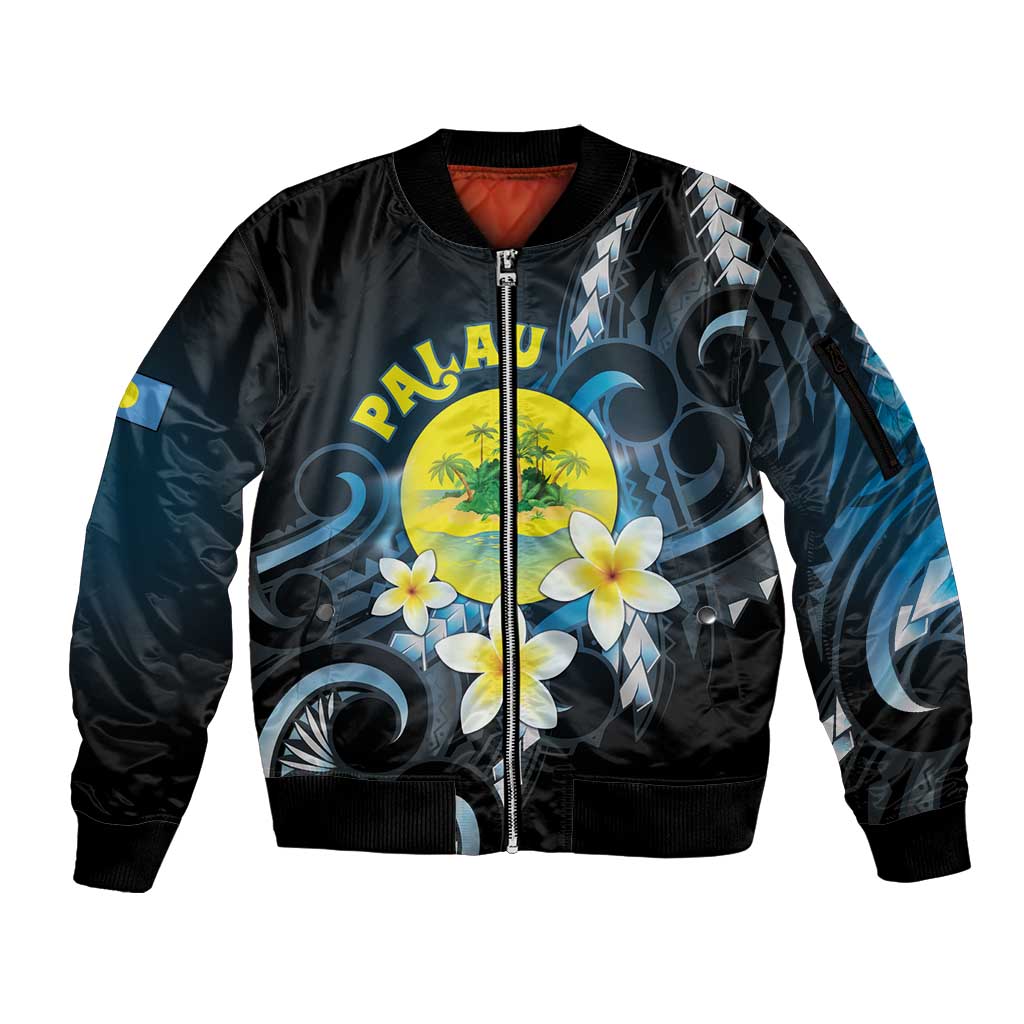 Palau United Nations Day Sleeve Zip Bomber Jacket Polynesian Curves Plumeria - Polynesian Pride