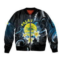 Palau United Nations Day Sleeve Zip Bomber Jacket Polynesian Curves Plumeria - Polynesian Pride