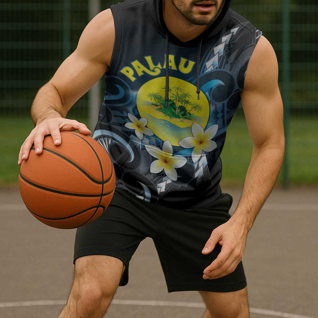 Palau United Nations Day Sleeveless Hoodie Polynesian Curves Plumeria - Polynesian Pride