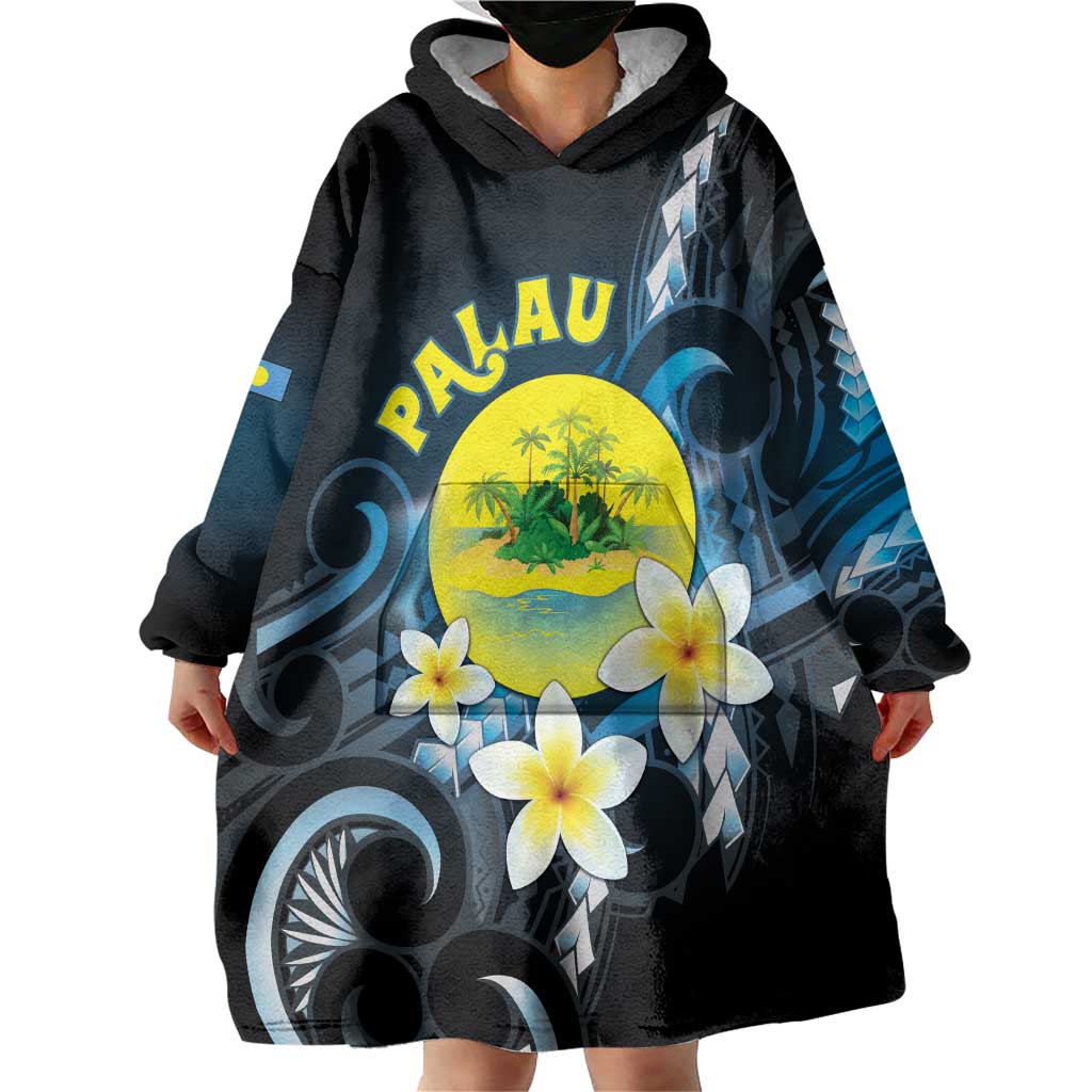 Palau United Nations Day Wearable Blanket Hoodie Polynesian Curves Plumeria - Polynesian Pride