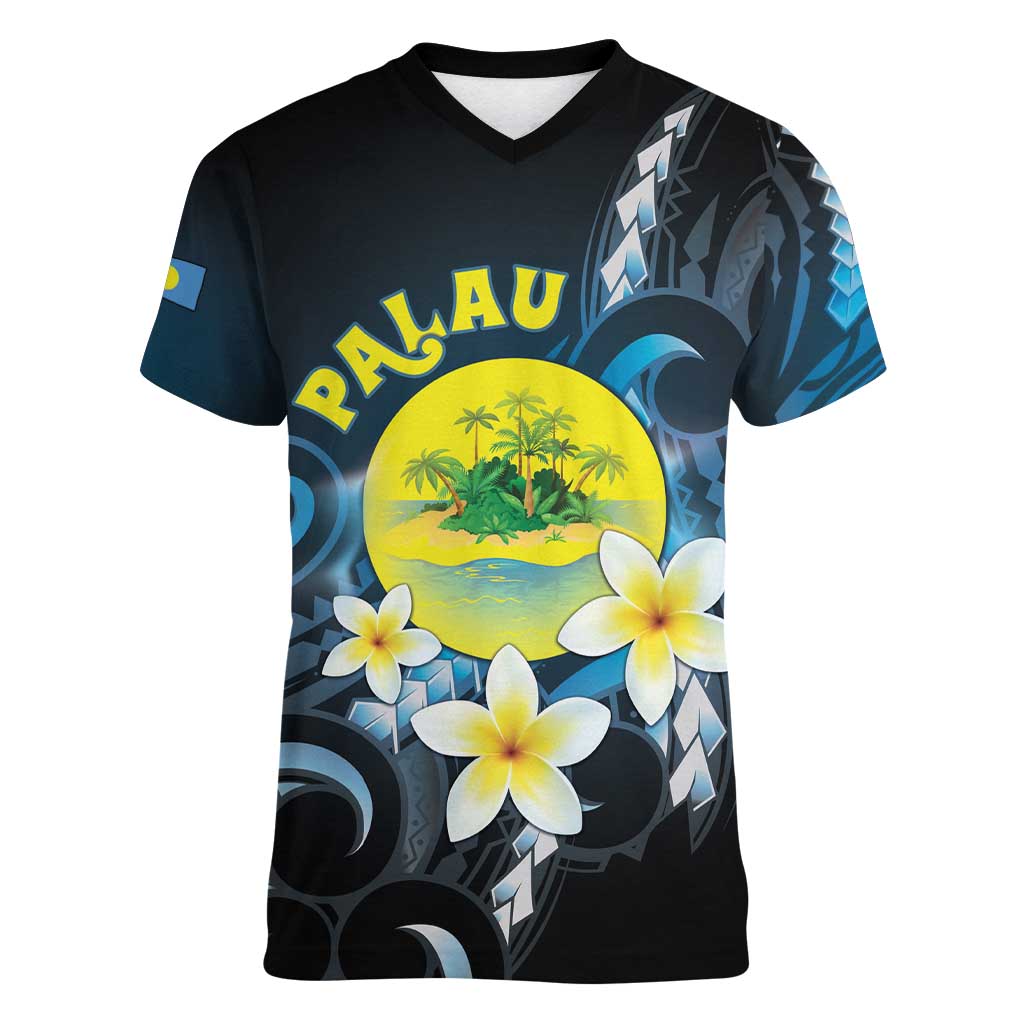 Palau United Nations Day Women V-Neck T-Shirt Polynesian Curves Plumeria - Polynesian Pride
