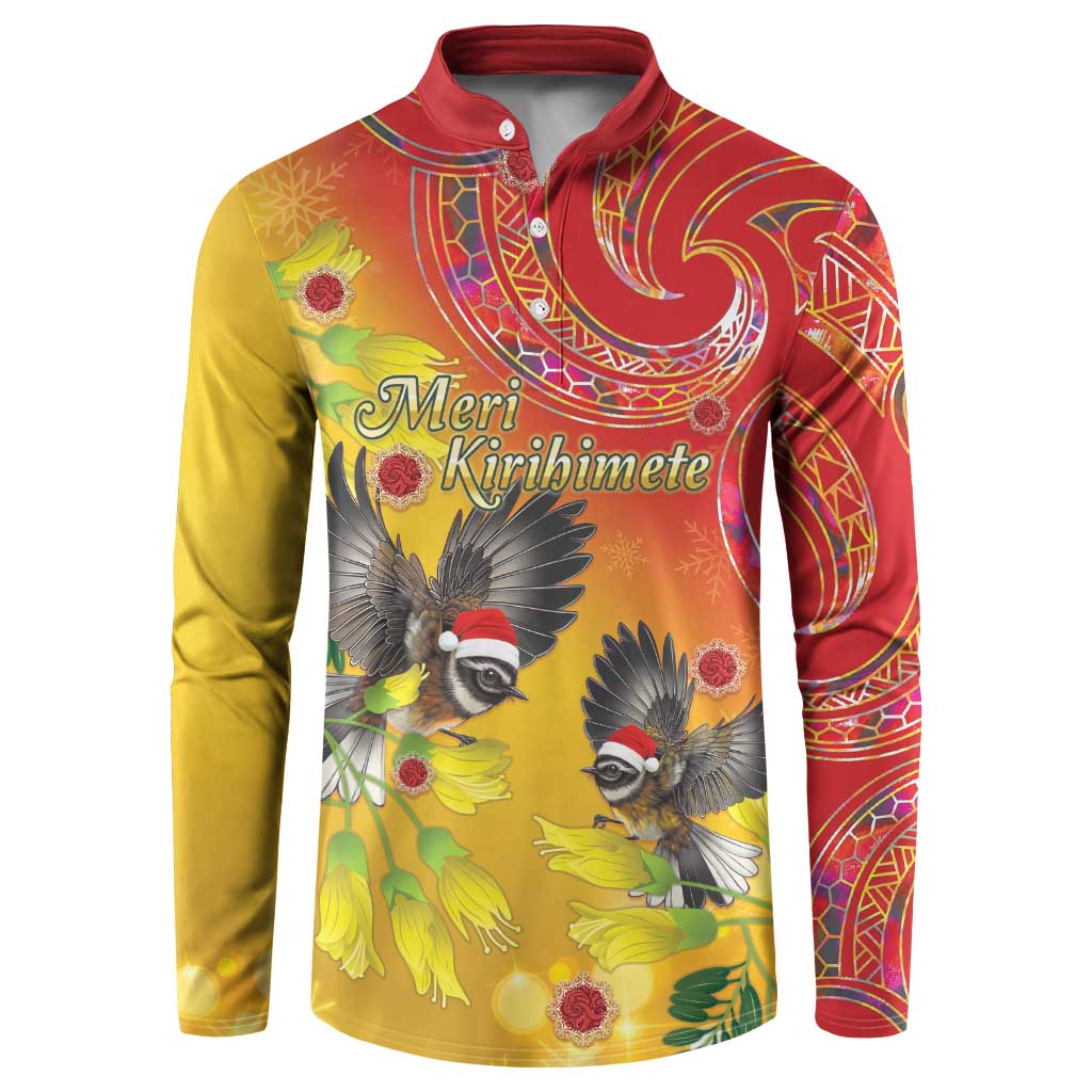 New Zealand Piwakawaka Christmas Button Sweatshirt With Maori Pattern LT05 Yellow - Polynesian Pride