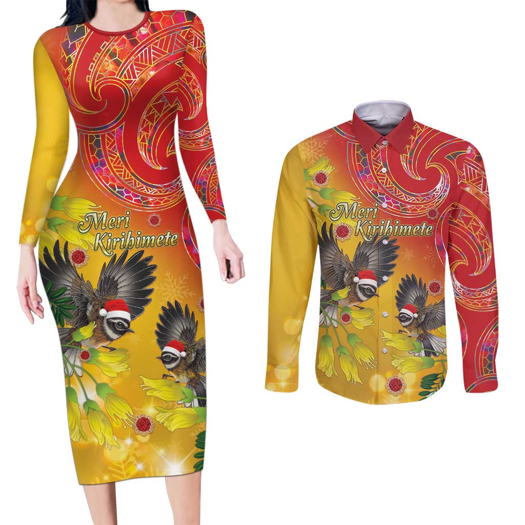 New Zealand Piwakawaka Christmas Couples Matching Long Sleeve Bodycon Dress and Long Sleeve Button Shirt With Maori Pattern LT05 Yellow - Polynesian Pride