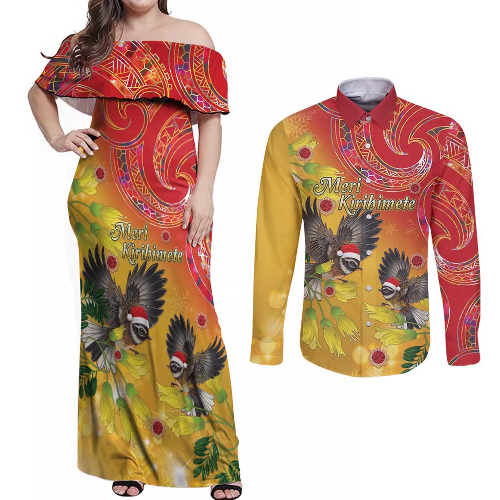 New Zealand Piwakawaka Christmas Couples Matching Off Shoulder Maxi Dress and Long Sleeve Button Shirt With Maori Pattern LT05 Yellow - Polynesian Pride