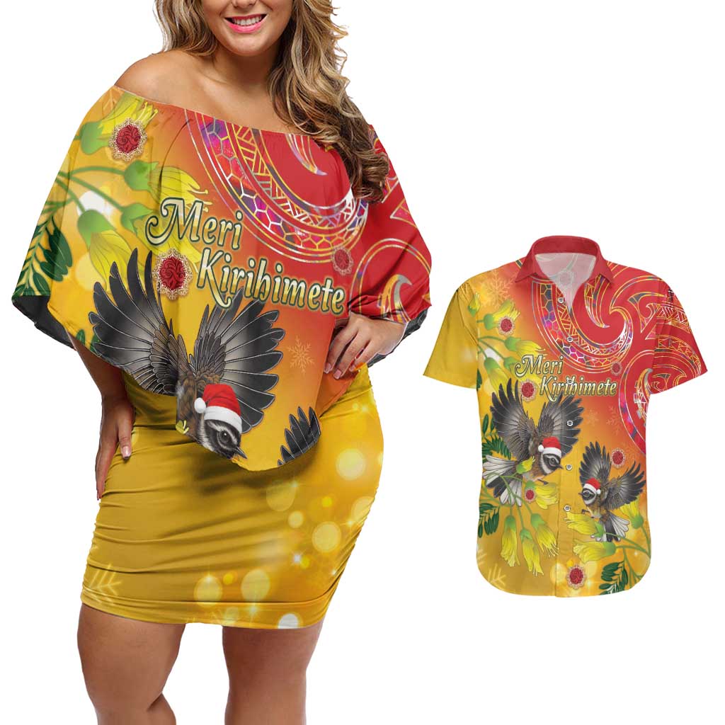 New Zealand Piwakawaka Christmas Couples Matching Off Shoulder Short Dress and Hawaiian Shirt With Maori Pattern