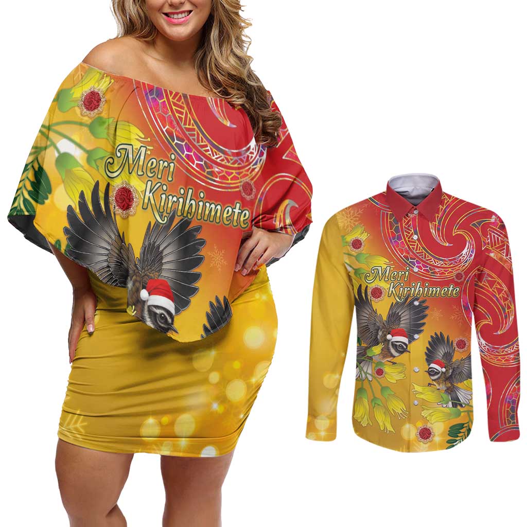 New Zealand Piwakawaka Christmas Couples Matching Off Shoulder Short Dress and Long Sleeve Button Shirt With Maori Pattern