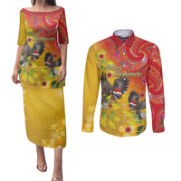New Zealand Piwakawaka Christmas Couples Matching Puletasi and Long Sleeve Button Shirt With Maori Pattern LT05 Yellow - Polynesian Pride