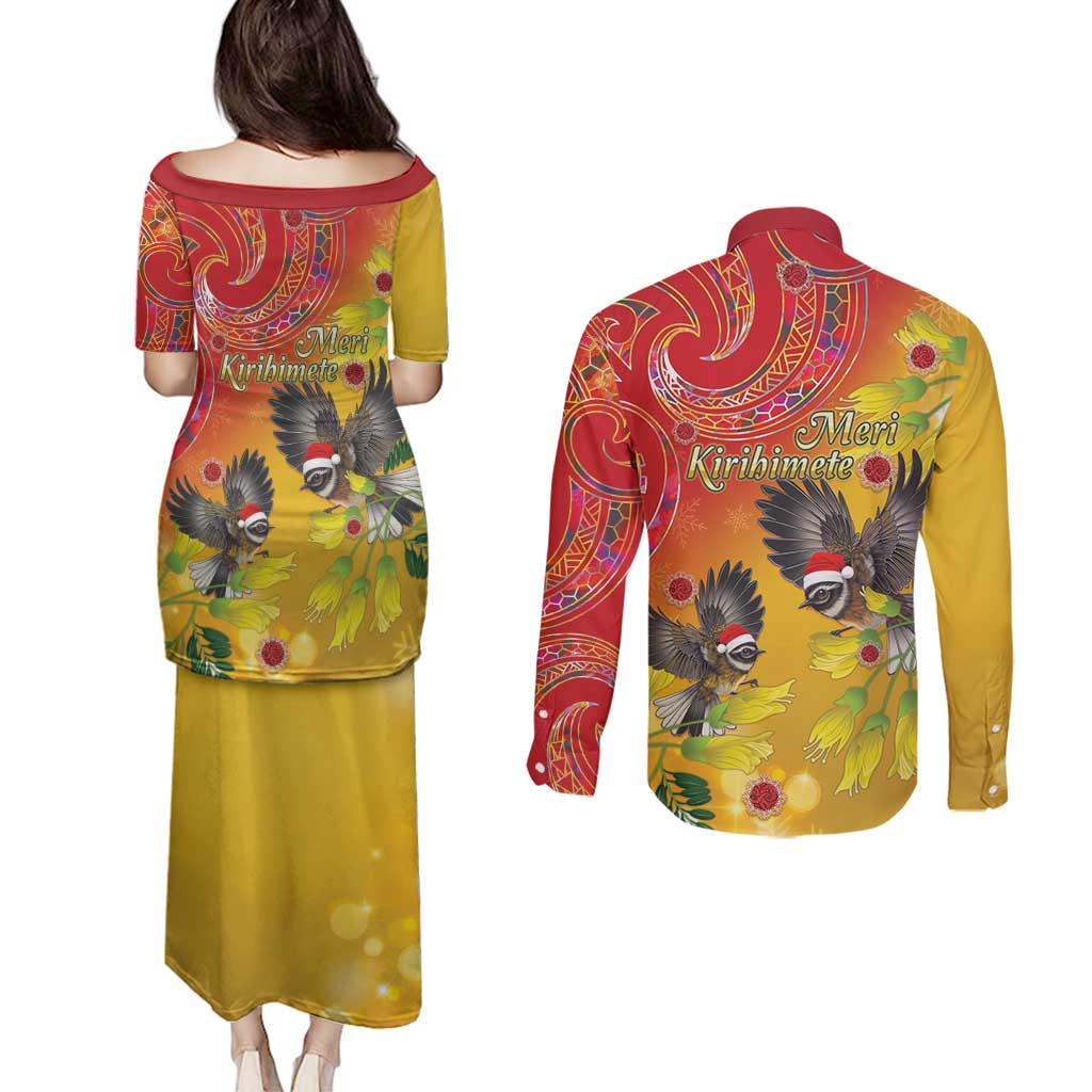 New Zealand Piwakawaka Christmas Couples Matching Puletasi and Long Sleeve Button Shirt With Maori Pattern LT05 - Polynesian Pride
