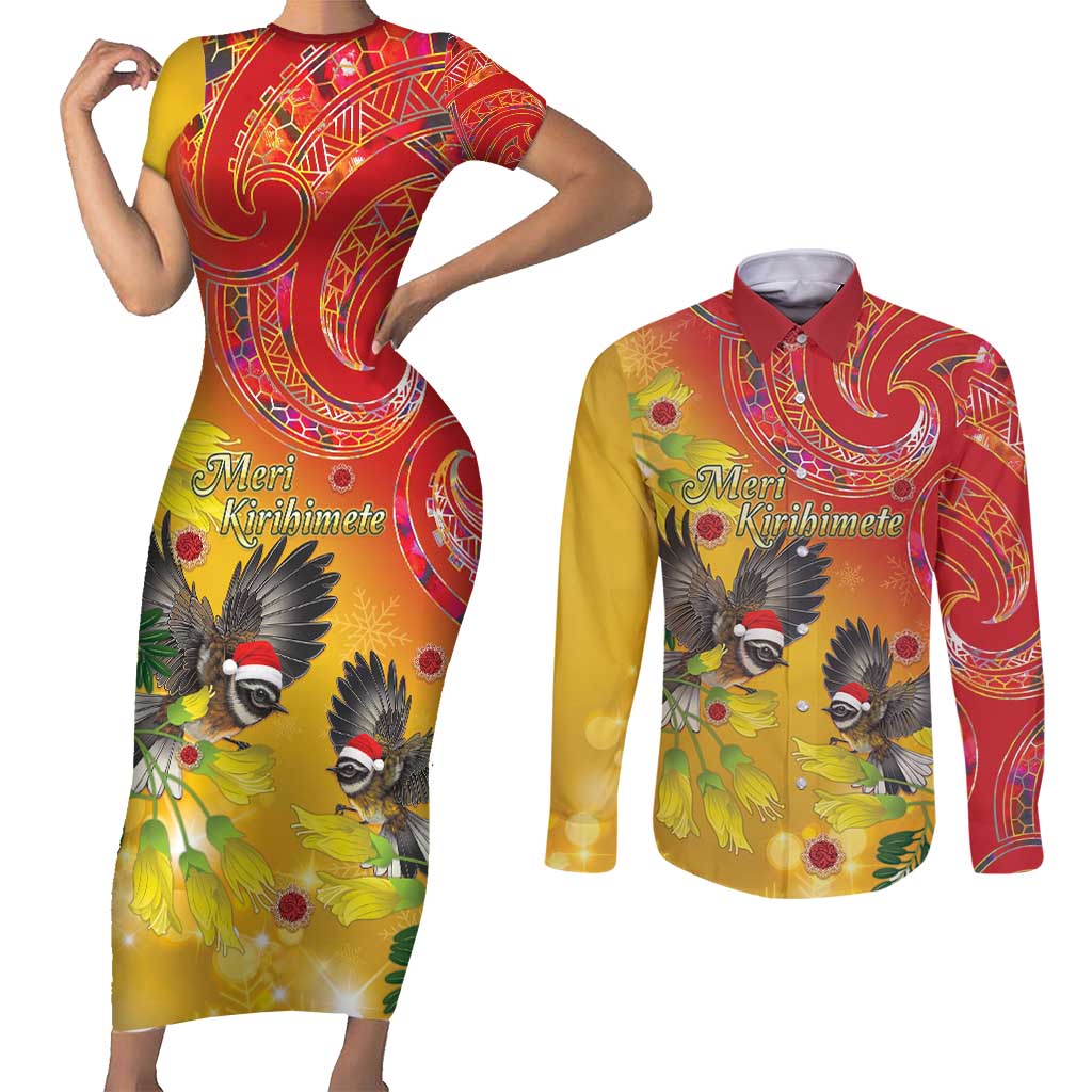 New Zealand Piwakawaka Christmas Couples Matching Short Sleeve Bodycon Dress and Long Sleeve Button Shirt With Maori Pattern LT05 Yellow - Polynesian Pride