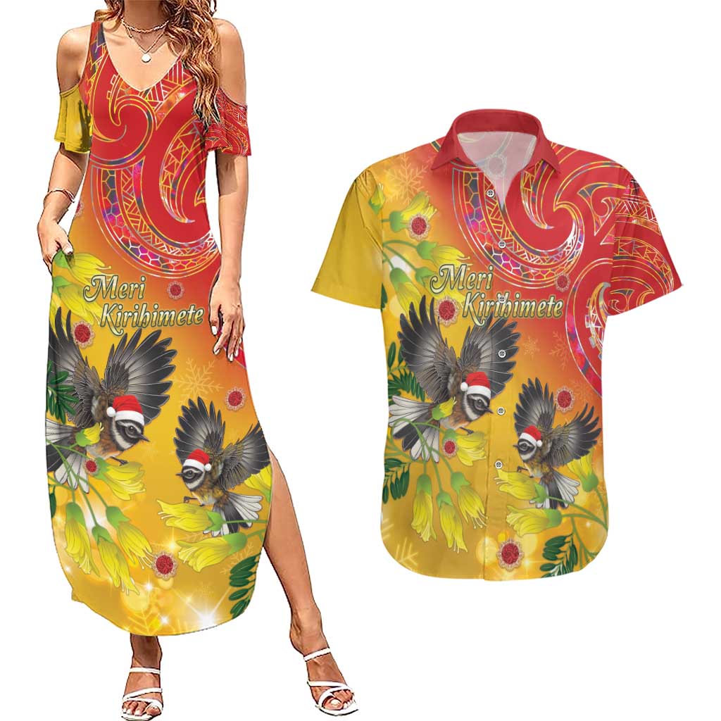 New Zealand Piwakawaka Christmas Couples Matching Summer Maxi Dress and Hawaiian Shirt With Maori Pattern LT05 Yellow - Polynesian Pride