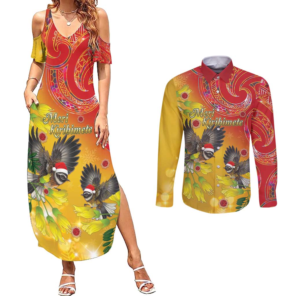 New Zealand Piwakawaka Christmas Couples Matching Summer Maxi Dress and Long Sleeve Button Shirt With Maori Pattern LT05 Yellow - Polynesian Pride