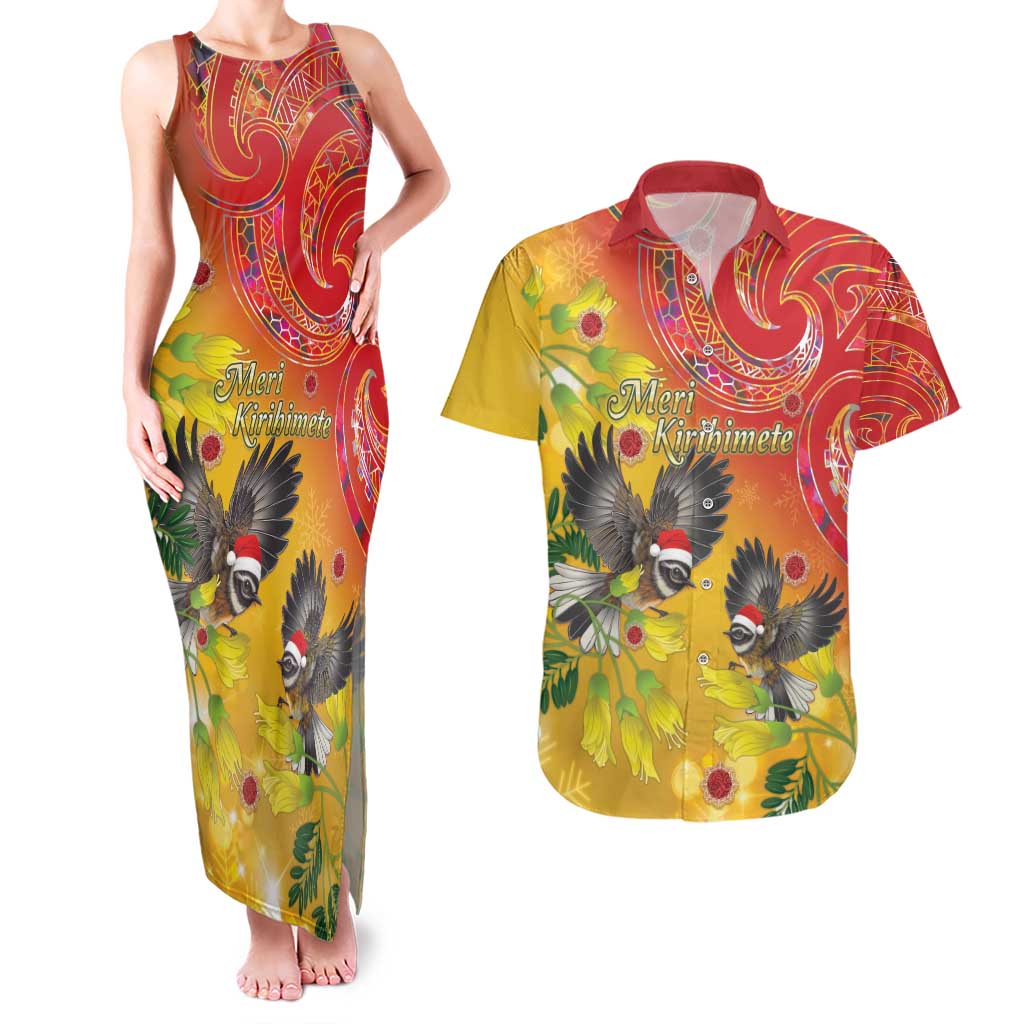 New Zealand Piwakawaka Christmas Couples Matching Tank Maxi Dress and Hawaiian Shirt With Maori Pattern LT05 Yellow - Polynesian Pride